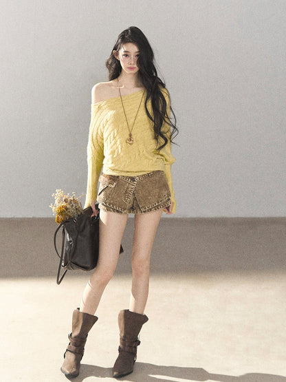 AOMALM - Cheese Yellow Off-Shoulder Cable Knit Sweater with Long Cuffs