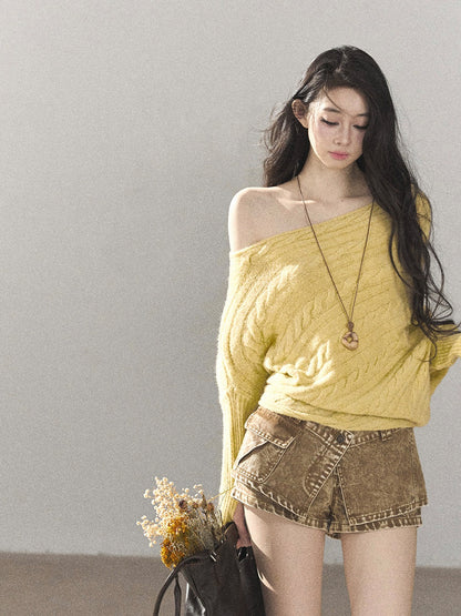 AOMALM - Cheese Yellow Off-Shoulder Cable Knit Sweater with Long Cuffs