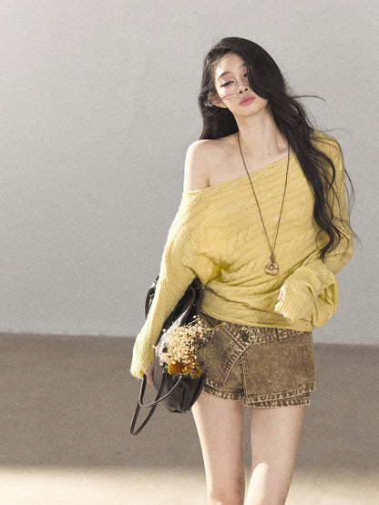 AOMALM - Cheese Yellow Off-Shoulder Cable Knit Sweater with Long Cuffs