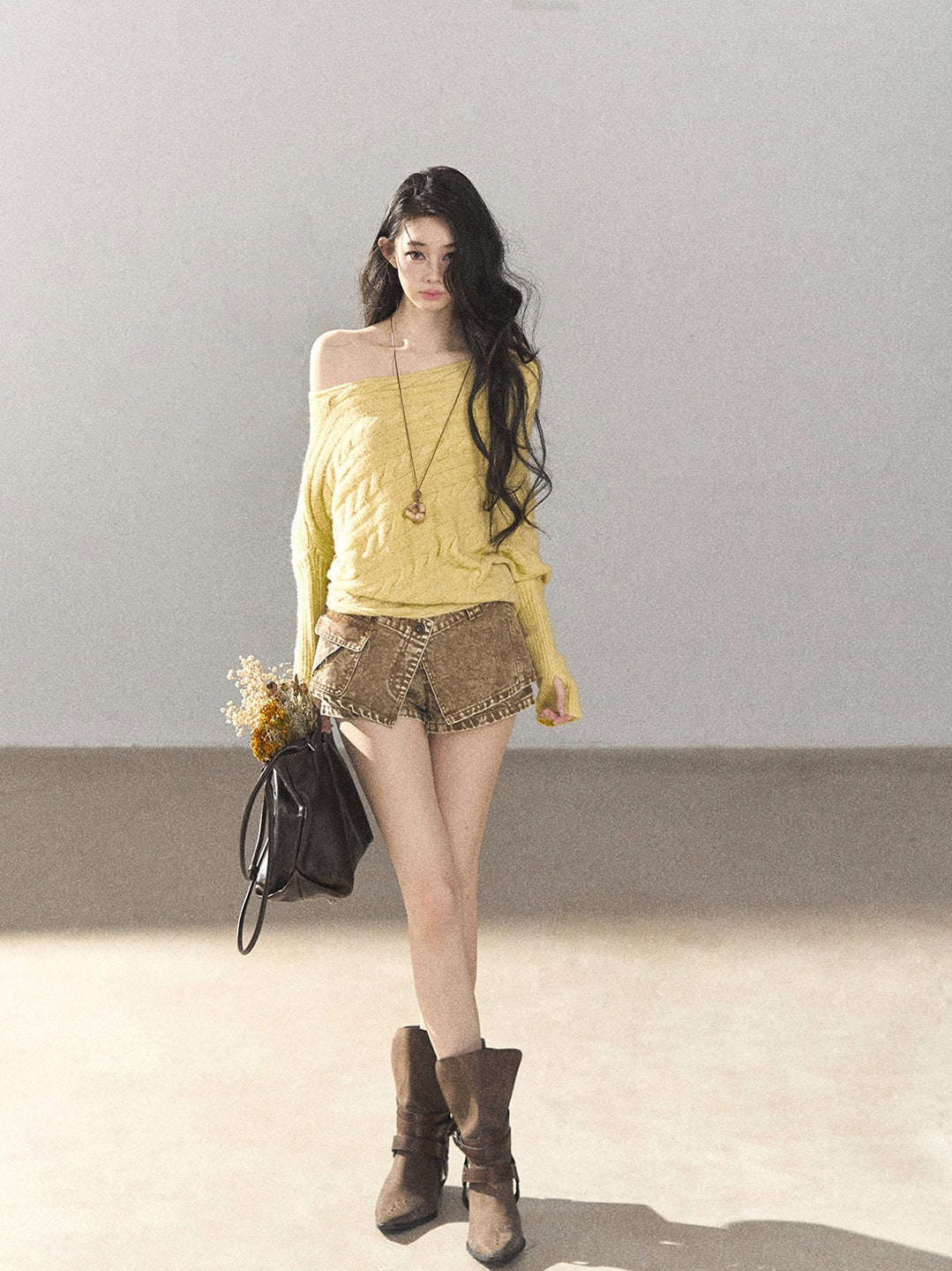 AOMALM - Cheese Yellow Off-Shoulder Cable Knit Sweater with Long Cuffs