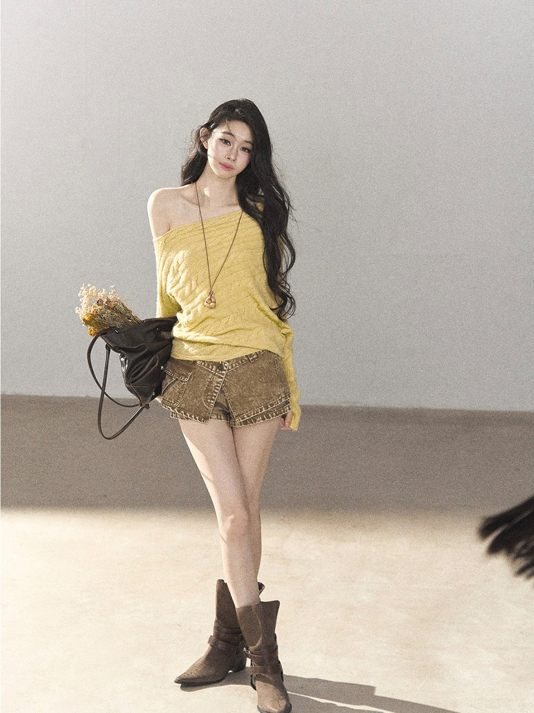 AOMALM - Cheese Yellow Off-Shoulder Cable Knit Sweater with Long Cuffs