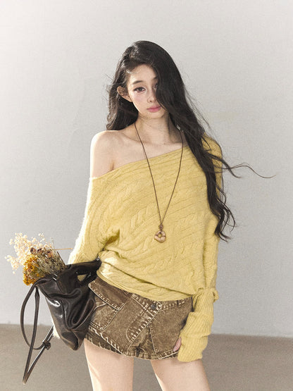 AOMALM - Cheese Yellow Off-Shoulder Cable Knit Sweater with Long Cuffs