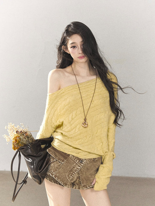 AOMALM - Cheese Yellow Off-Shoulder Cable Knit Sweater with Long Cuffs