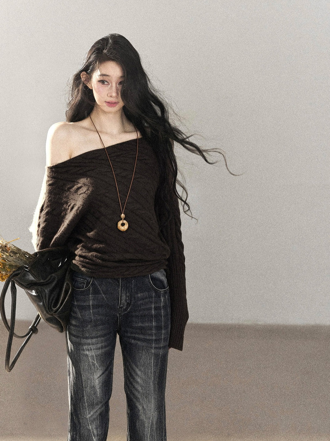 AOMALM - Rich Cocoa Off-Shoulder Cable Knit Sweater with Long Cuffs