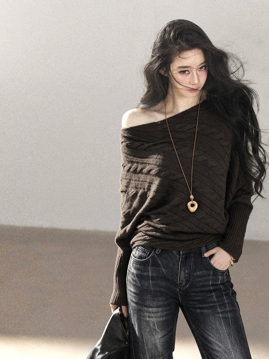 AOMALM - Rich Cocoa Off-Shoulder Cable Knit Sweater with Long Cuffs