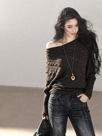 AOMALM - Rich Cocoa Off-Shoulder Cable Knit Sweater with Long Cuffs