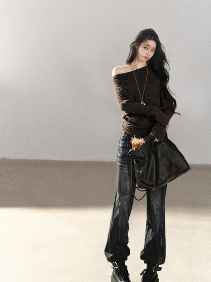 AOMALM - Rich Cocoa Off-Shoulder Cable Knit Sweater with Long Cuffs