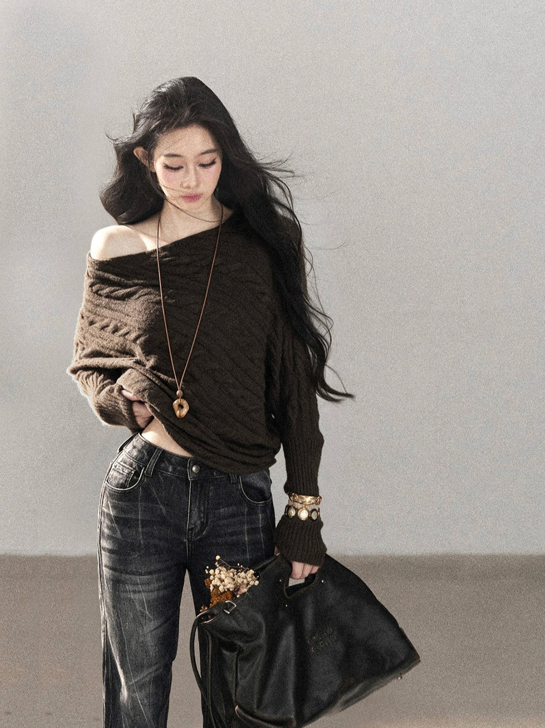 AOMALM - Rich Cocoa Off-Shoulder Cable Knit Sweater with Long Cuffs