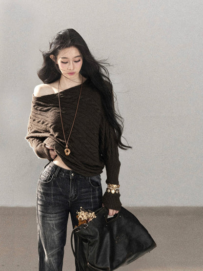 AOMALM - Rich Cocoa Off-Shoulder Cable Knit Sweater with Long Cuffs