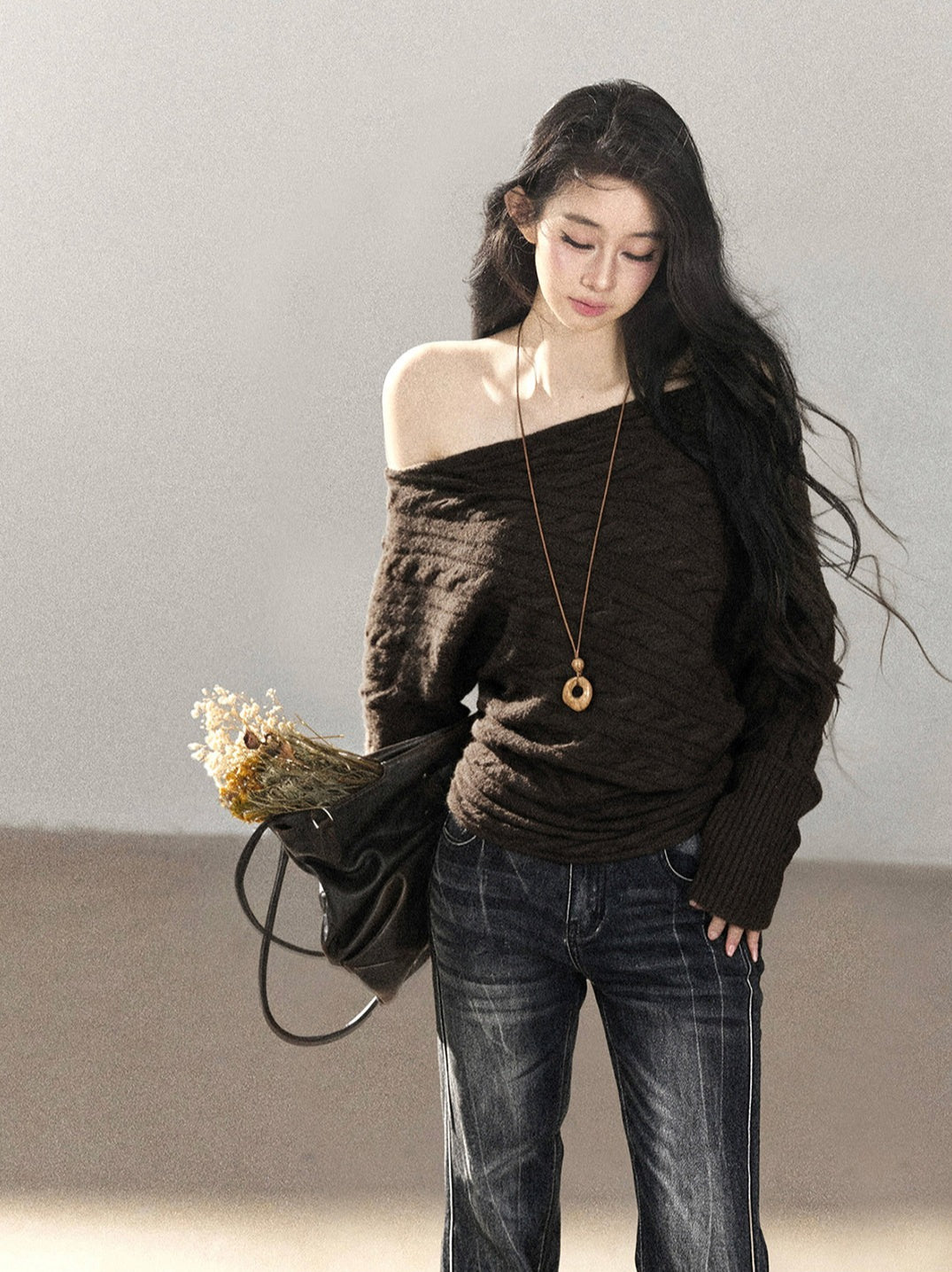 AOMALM - Rich Cocoa Off-Shoulder Cable Knit Sweater with Long Cuffs