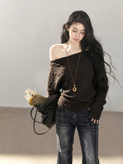 AOMALM - Rich Cocoa Off-Shoulder Cable Knit Sweater with Long Cuffs