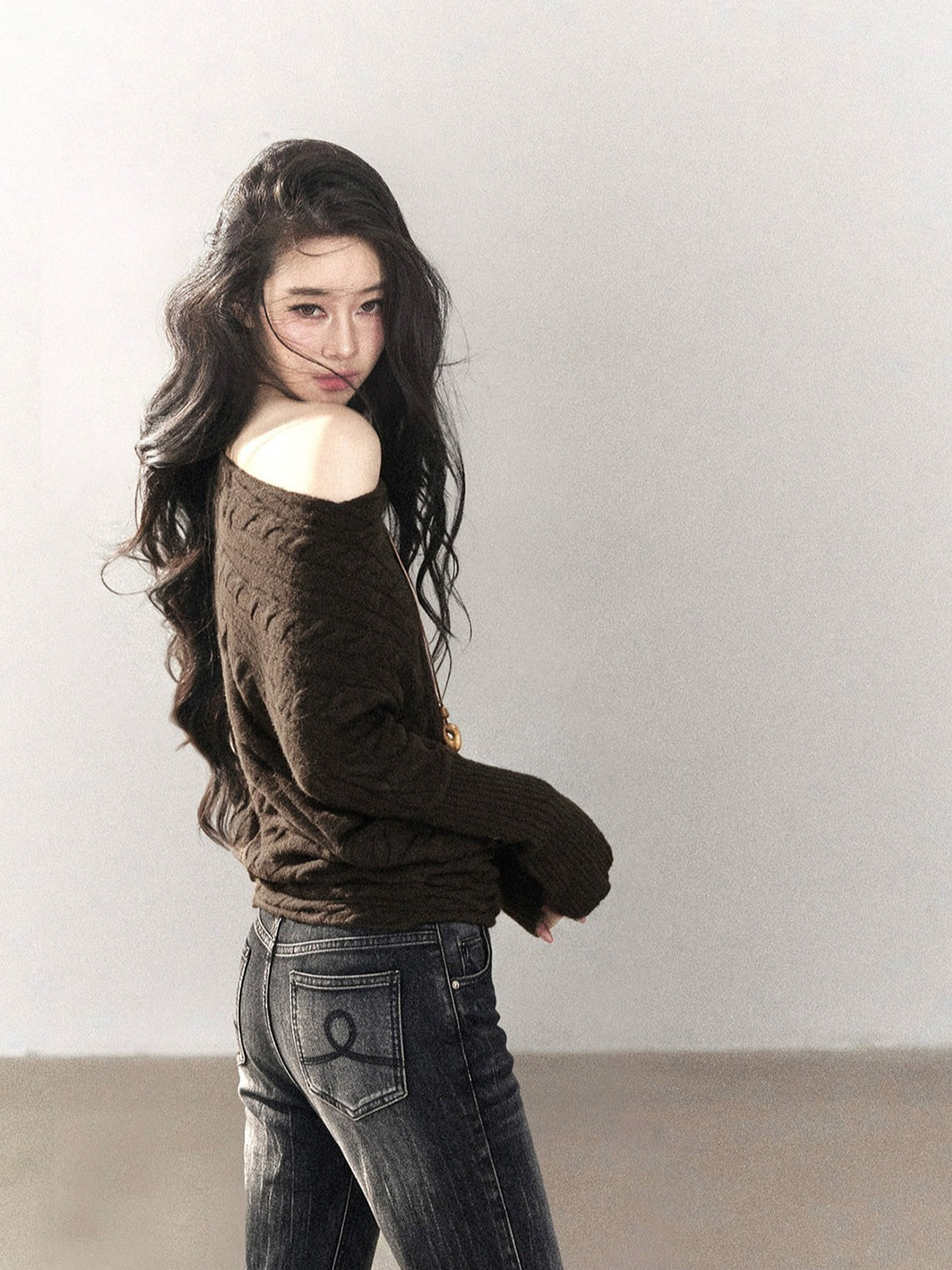 AOMALM - Rich Cocoa Off-Shoulder Cable Knit Sweater with Long Cuffs