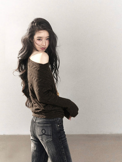 AOMALM - Rich Cocoa Off-Shoulder Cable Knit Sweater with Long Cuffs