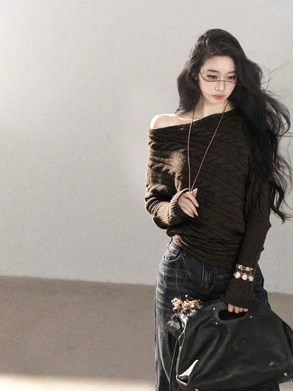 AOMALM - Rich Cocoa Off-Shoulder Cable Knit Sweater with Long Cuffs