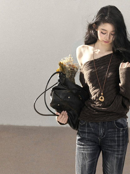 AOMALM - Rich Cocoa Off-Shoulder Cable Knit Sweater with Long Cuffs