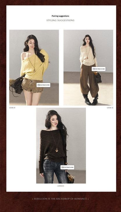 AOMALM - Rich Cocoa Off-Shoulder Cable Knit Sweater with Long Cuffs