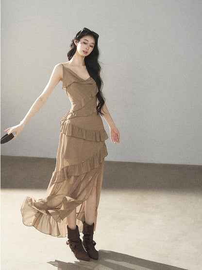 AOMALM - Cinnamon Gray-Brown Ruffle Chiffon Maxi Dress