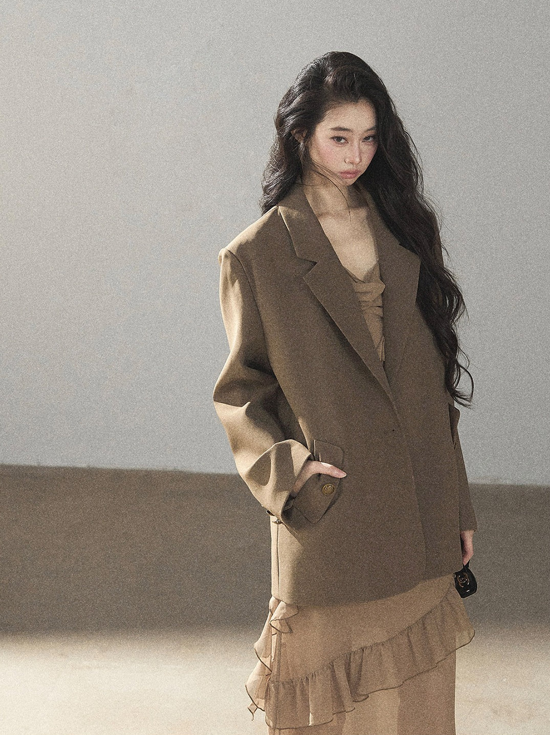 AOMALM - Cinnamon Gray-Brown Ruffle Chiffon Maxi Dress