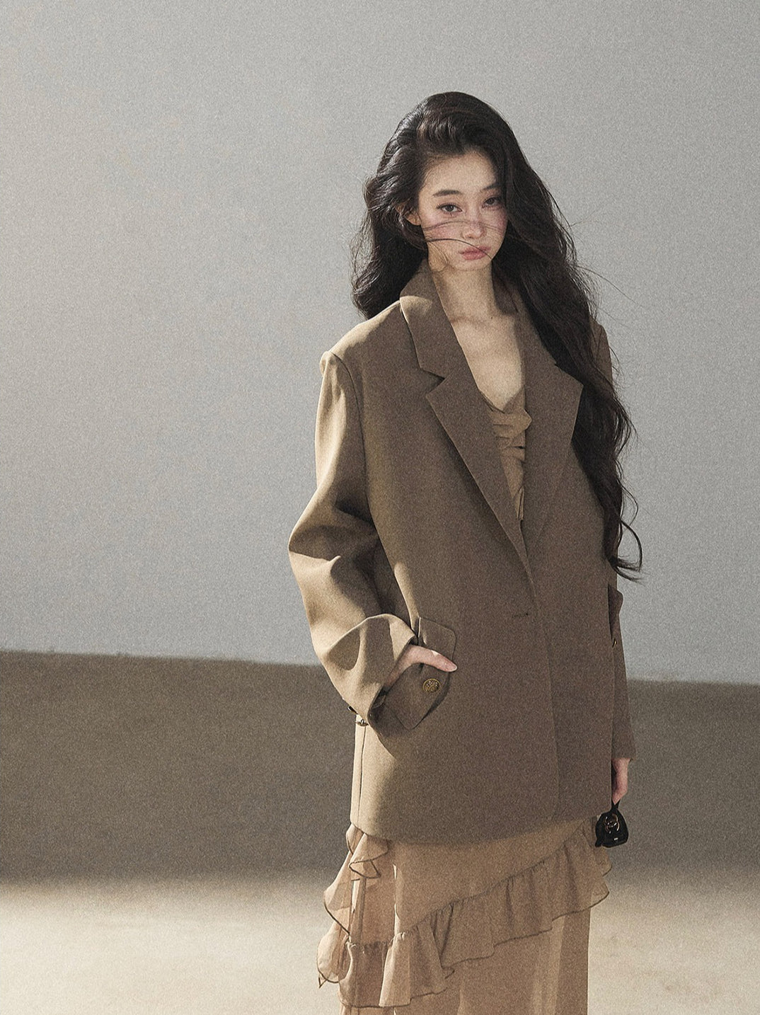 AOMALM - Cinnamon Gray-Brown Ruffle Chiffon Maxi Dress