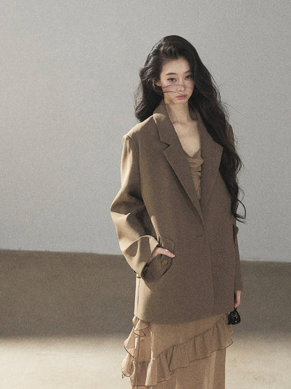 AOMALM - Cinnamon Gray-Brown Ruffle Chiffon Maxi Dress