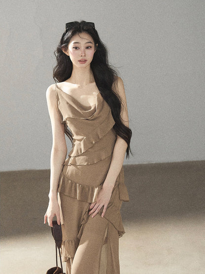 AOMALM - Cinnamon Gray-Brown Ruffle Chiffon Maxi Dress