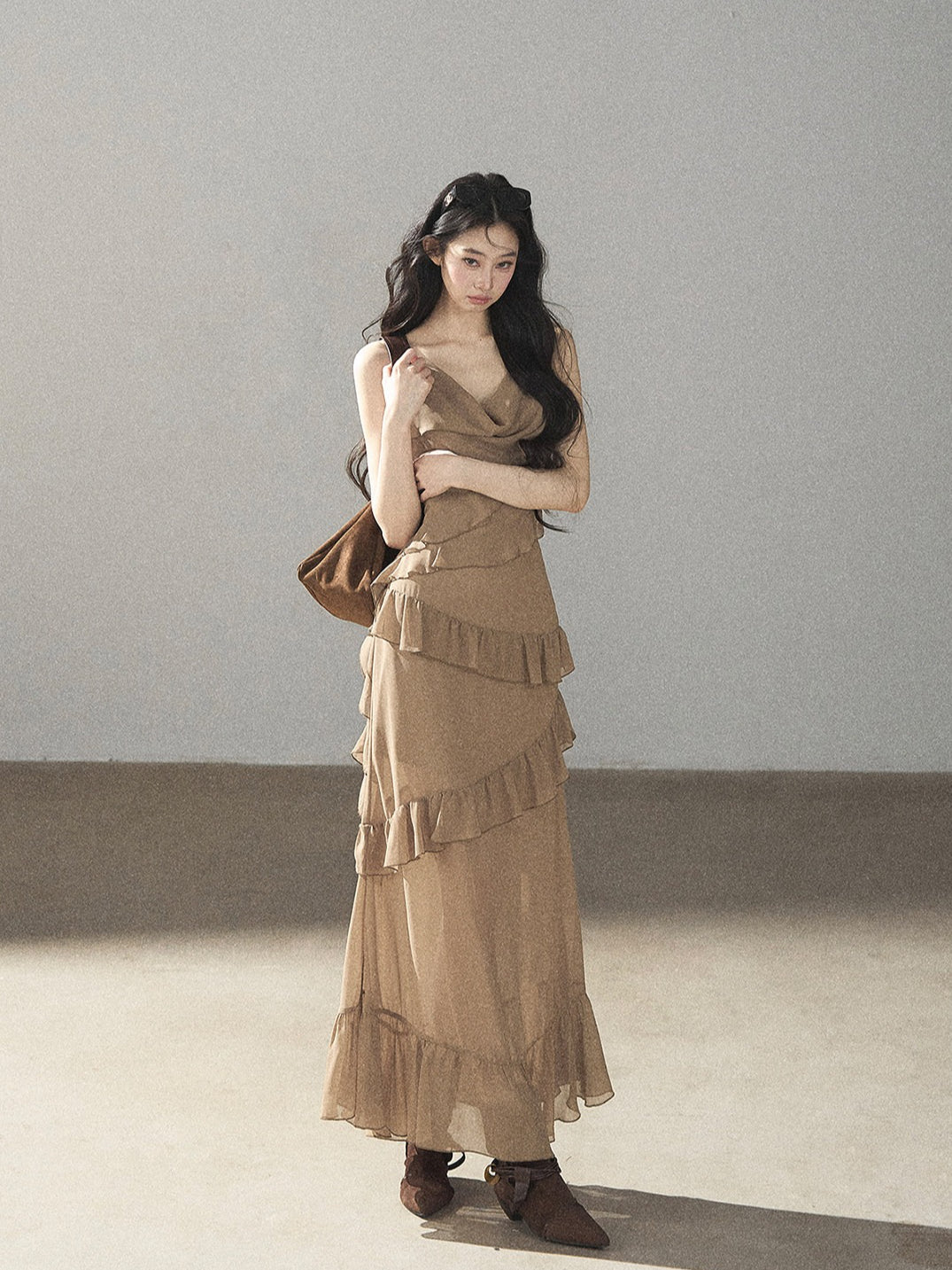 AOMALM - Cinnamon Gray-Brown Ruffle Chiffon Maxi Dress