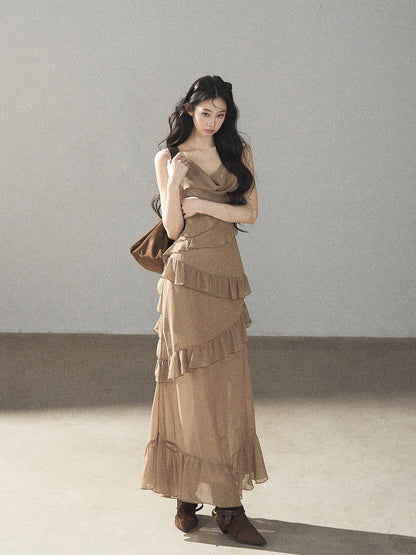 AOMALM - Cinnamon Gray-Brown Ruffle Chiffon Maxi Dress