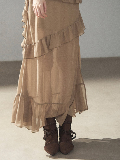 AOMALM - Cinnamon Gray-Brown Ruffle Chiffon Maxi Dress