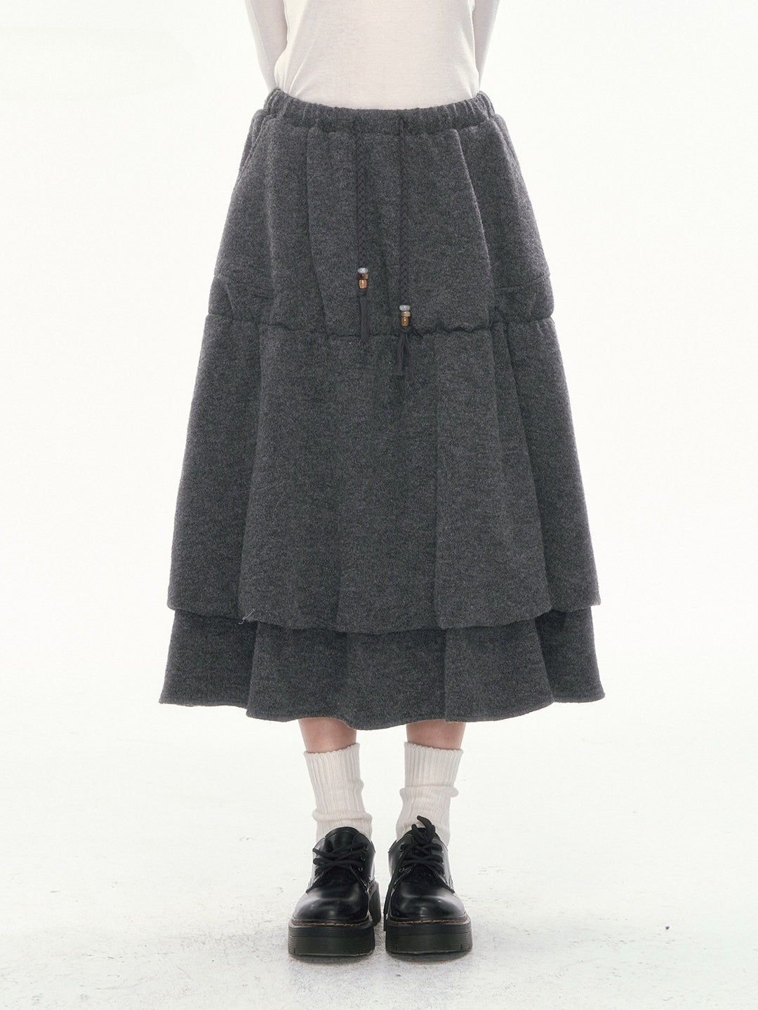 [CAN] Dark Gray Tiered Wool-Blend Midi Skirt