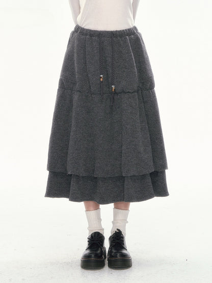 [CAN] Dark Gray Tiered Wool-Blend Midi Skirt
