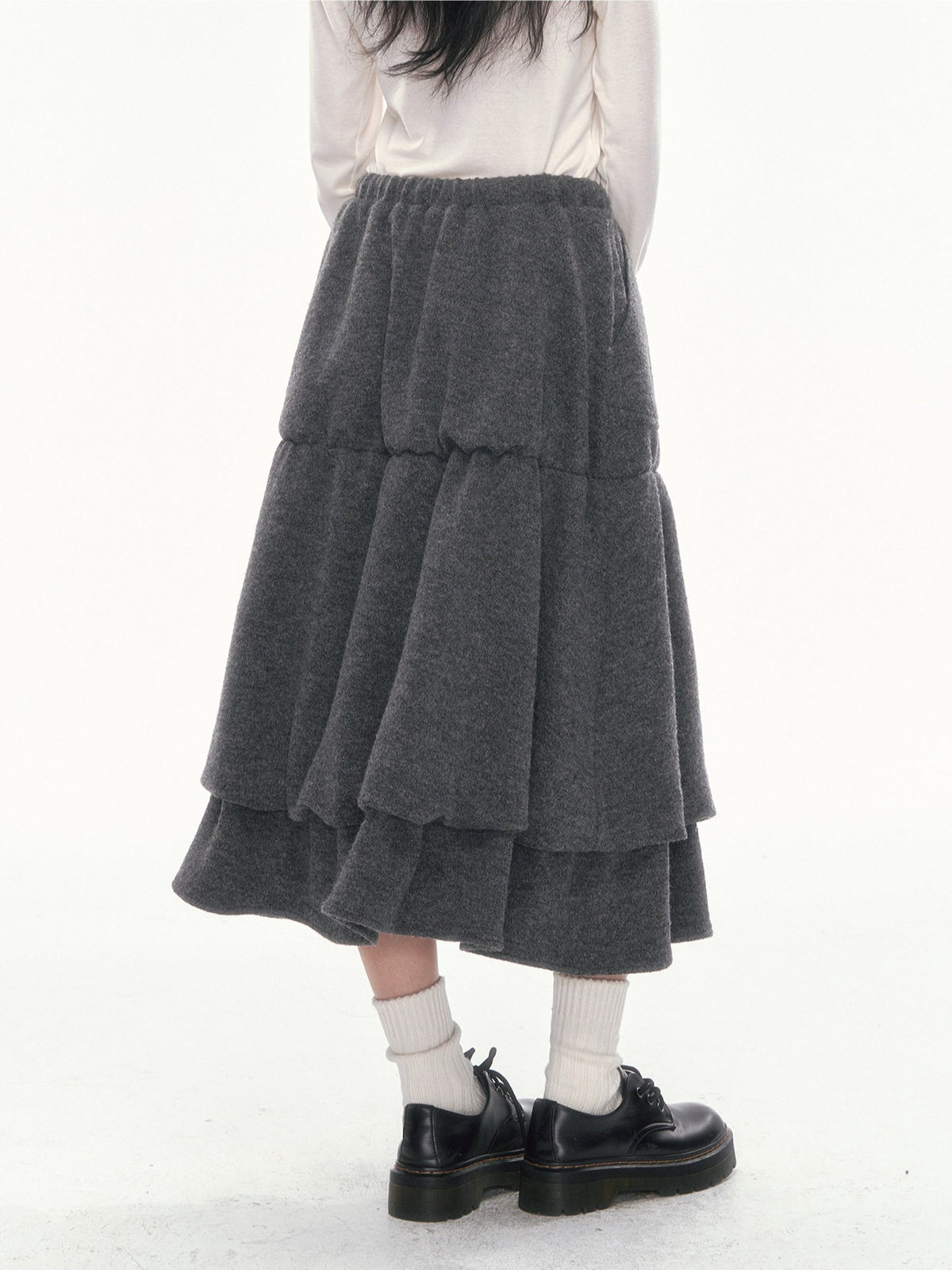 [CAN] Dark Gray Tiered Wool-Blend Midi Skirt