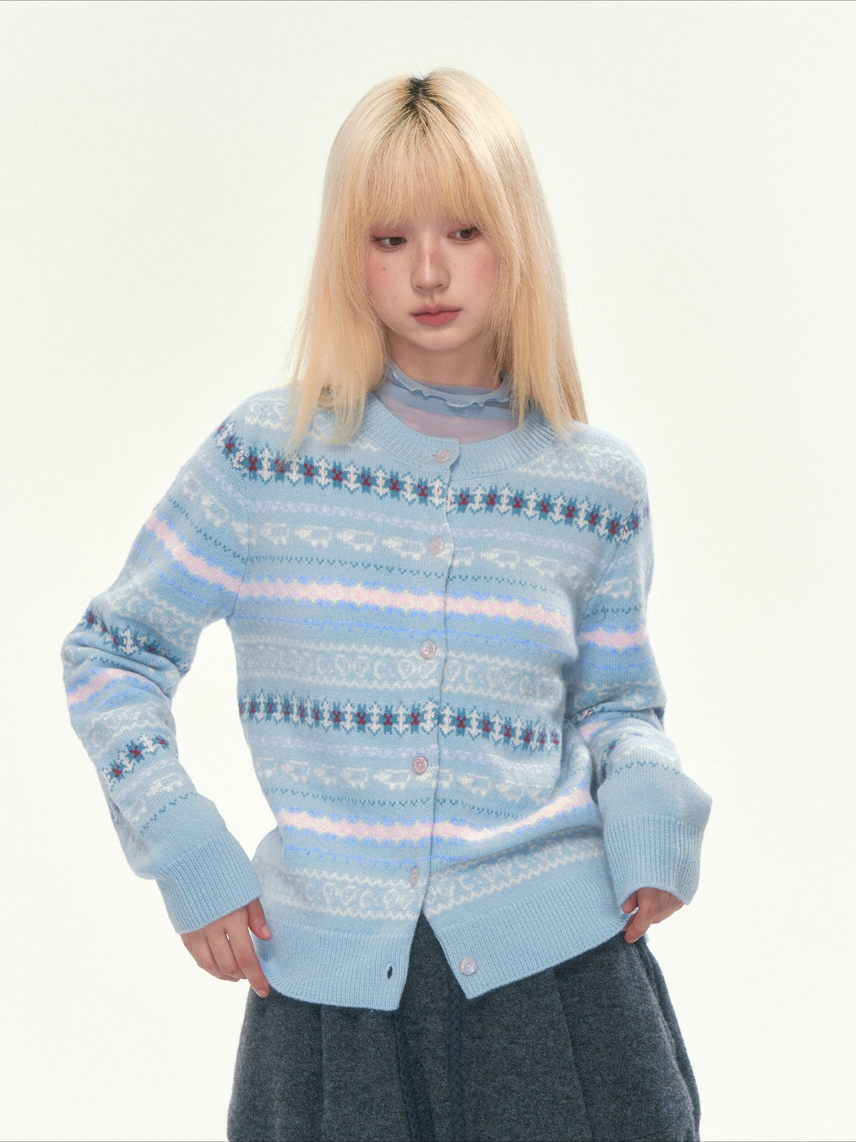 [CAN] Blue Fair Isle Cropped Wool Cardigan (100% Sheep Wool)
