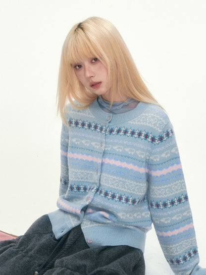 [CAN] Blue Fair Isle Cropped Wool Cardigan (100% Sheep Wool)
