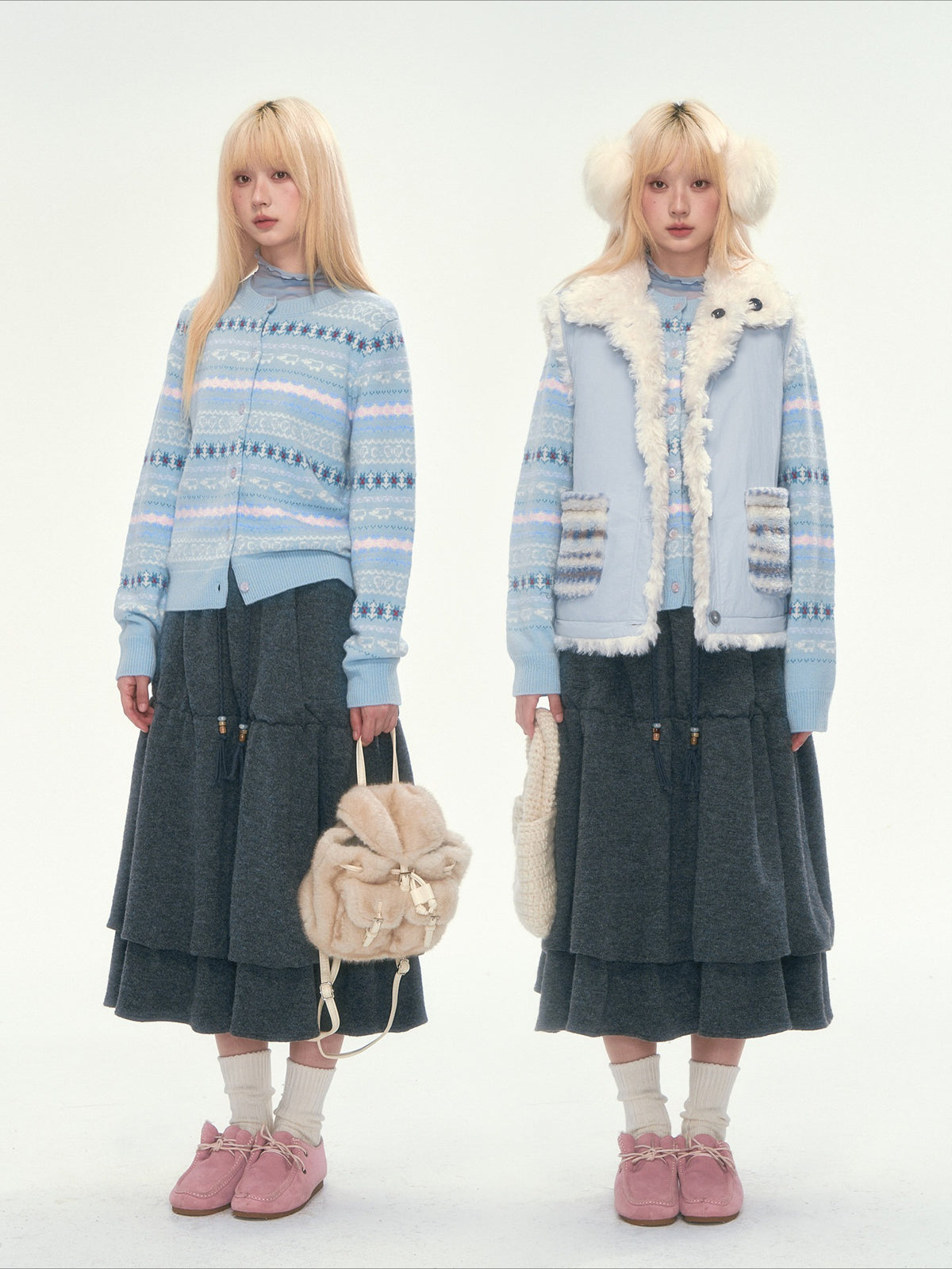 [CAN] Blue Fair Isle Cropped Wool Cardigan (100% Sheep Wool)
