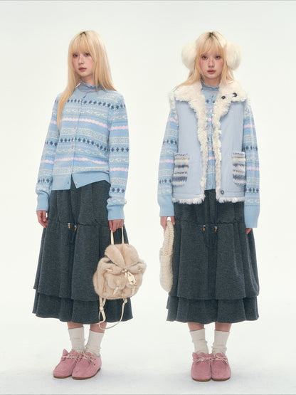 [CAN] Blue Fair Isle Cropped Wool Cardigan (100% Sheep Wool)