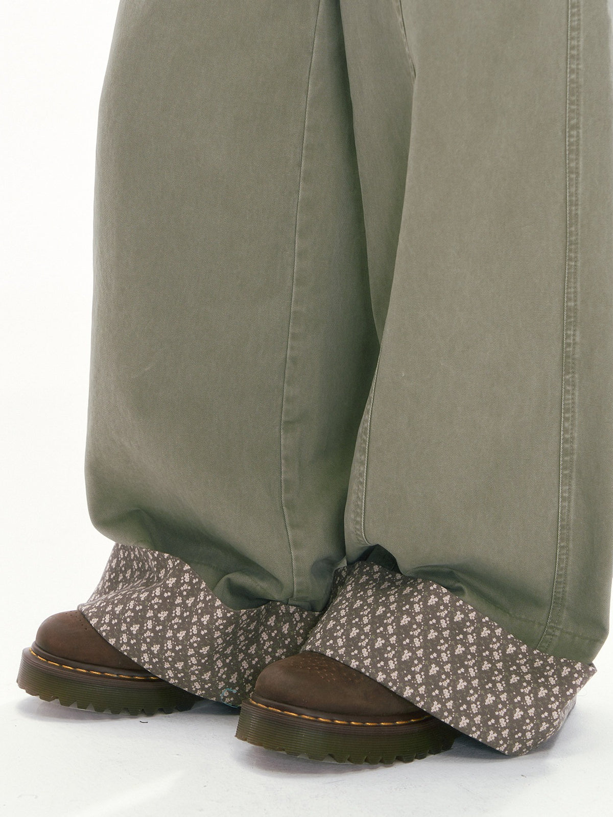 [CAN] Olive Green Floral-Trim Cargo Overalls
