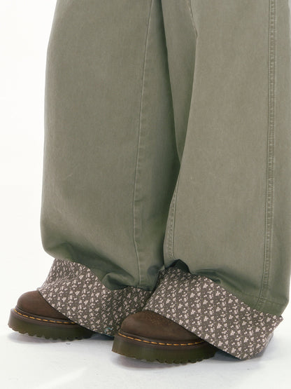 [CAN] Olive Green Floral-Trim Cargo Overalls