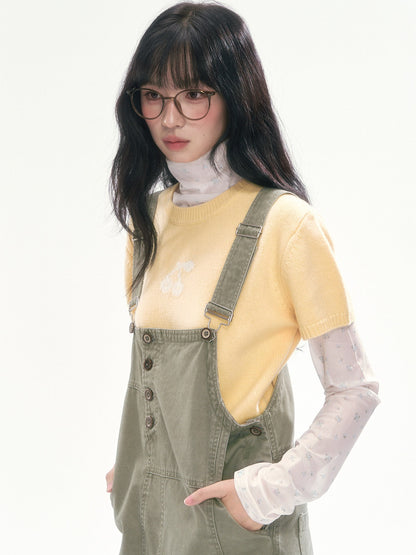 [CAN] Olive Green Floral-Trim Cargo Overalls