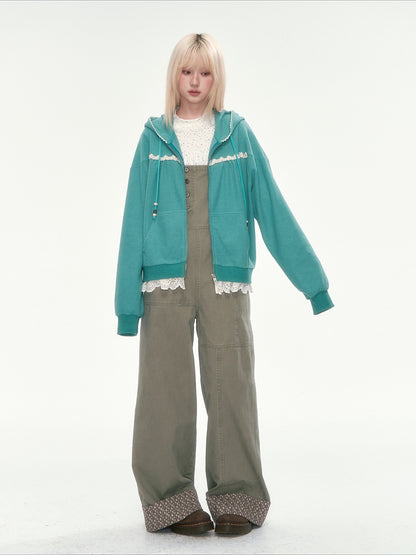 [CAN] Olive Green Floral-Trim Cargo Overalls