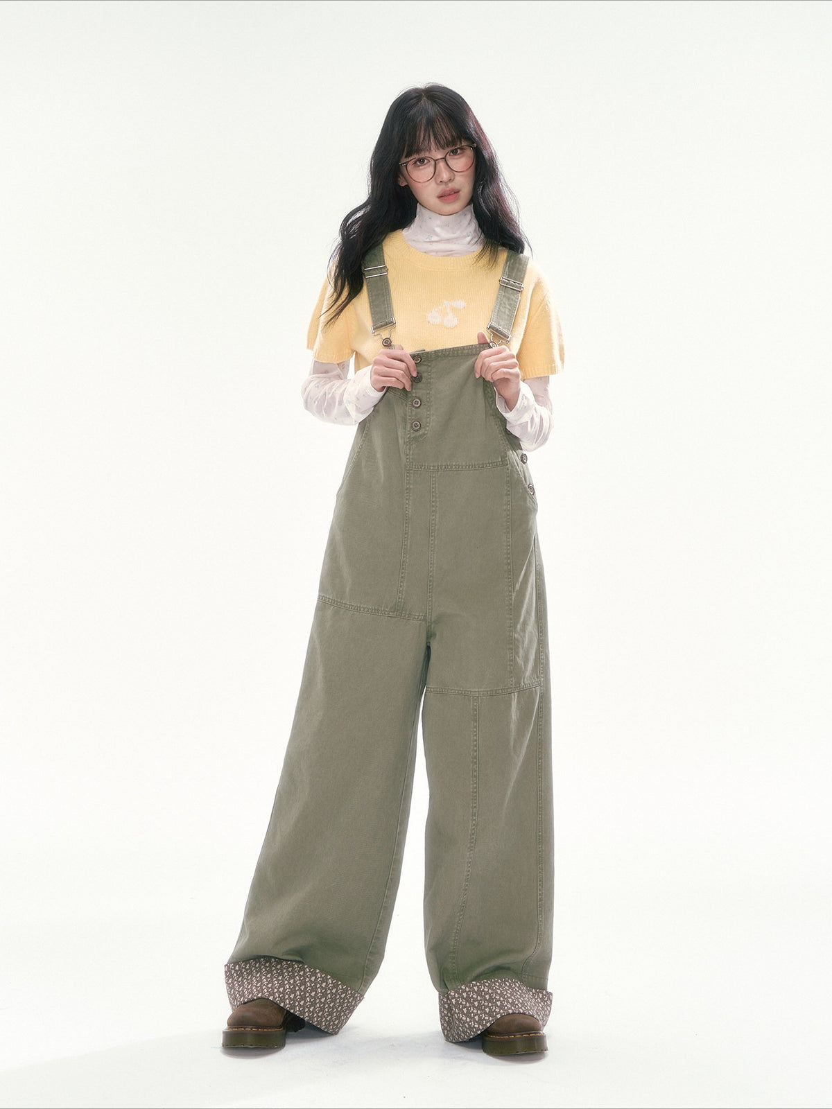 [CAN] Olive Green Floral-Trim Cargo Overalls