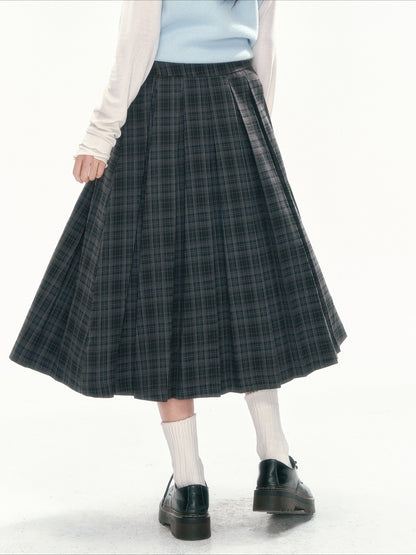 [CAN] Navy Plaid Pleated A-Line Midi Skirt