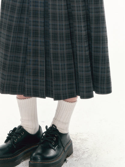 [CAN] Navy Plaid Pleated A-Line Midi Skirt