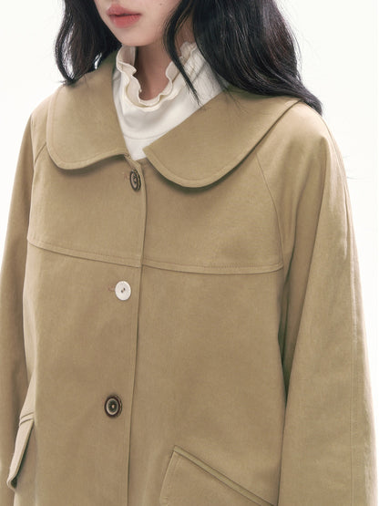 [CAN] Khaki Peter Pan Collar Jacket & Midi Skirt Set