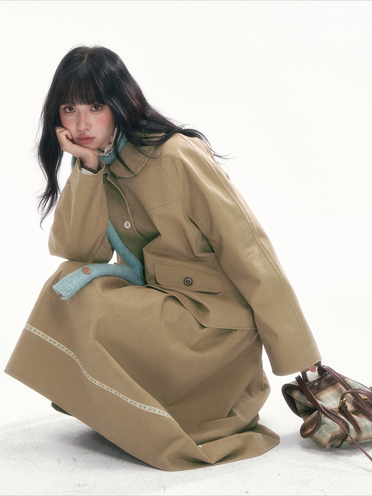 [CAN] Khaki Peter Pan Collar Jacket & Midi Skirt Set