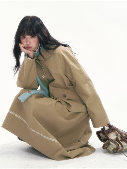 [CAN] Khaki Peter Pan Collar Jacket & Midi Skirt Set