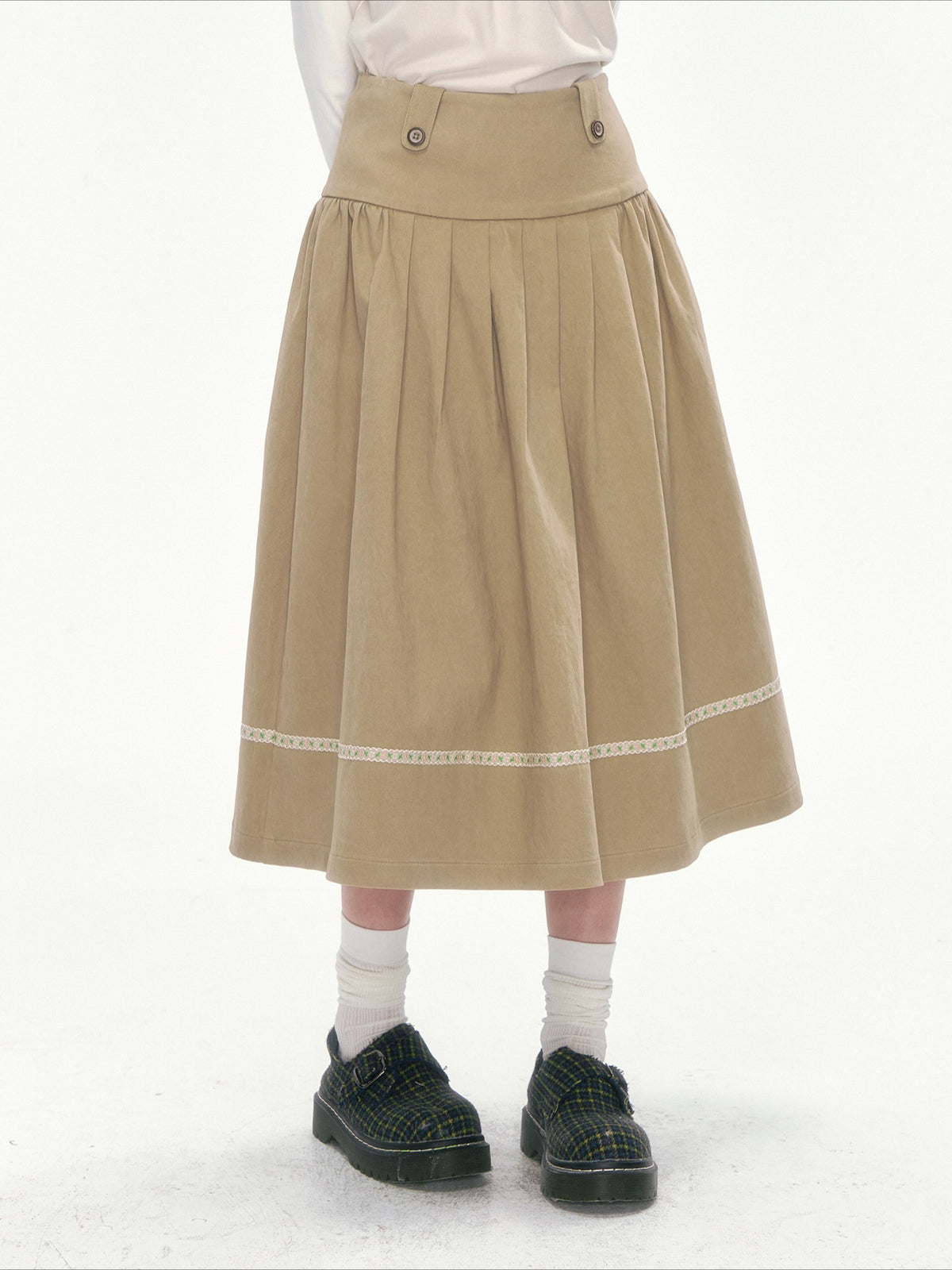 [CAN] Khaki Peter Pan Collar Jacket & Midi Skirt Set