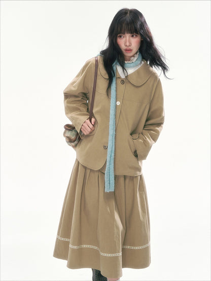 [CAN] Khaki Peter Pan Collar Jacket & Midi Skirt Set