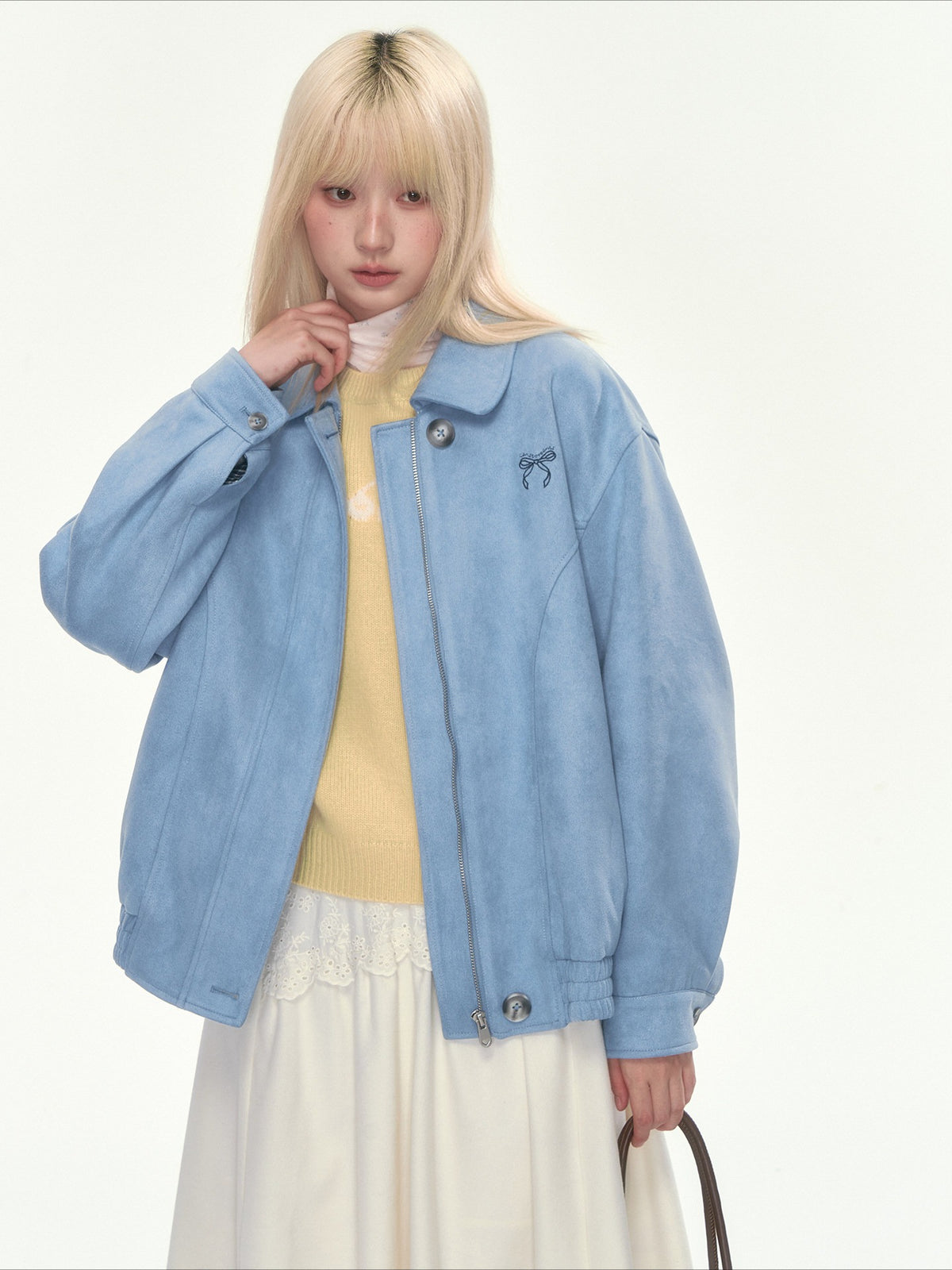 [CAN] Dusty Blue Suede Bow Embroidery Jacket