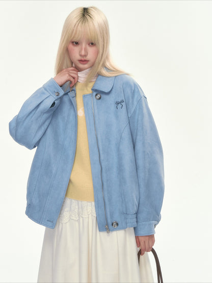 [CAN] Dusty Blue Suede Bow Embroidery Jacket