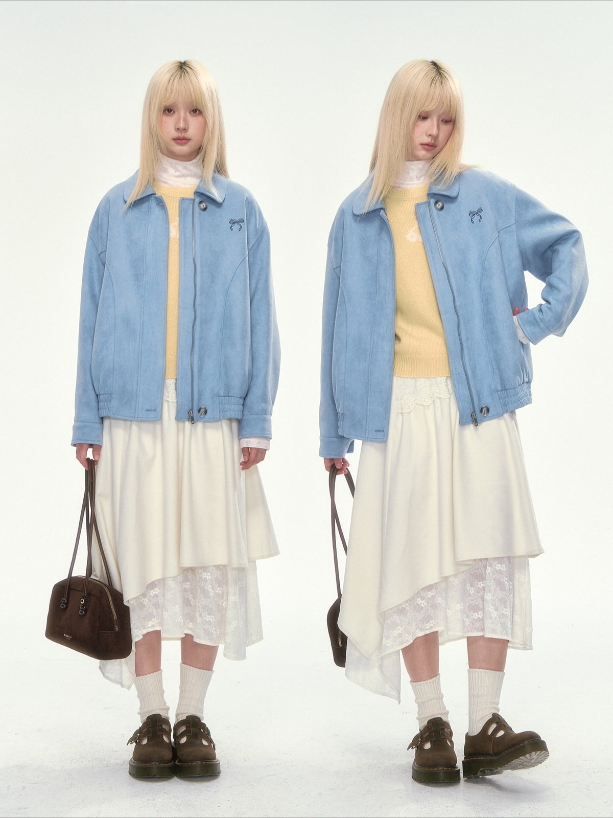 [CAN] Dusty Blue Suede Bow Embroidery Jacket